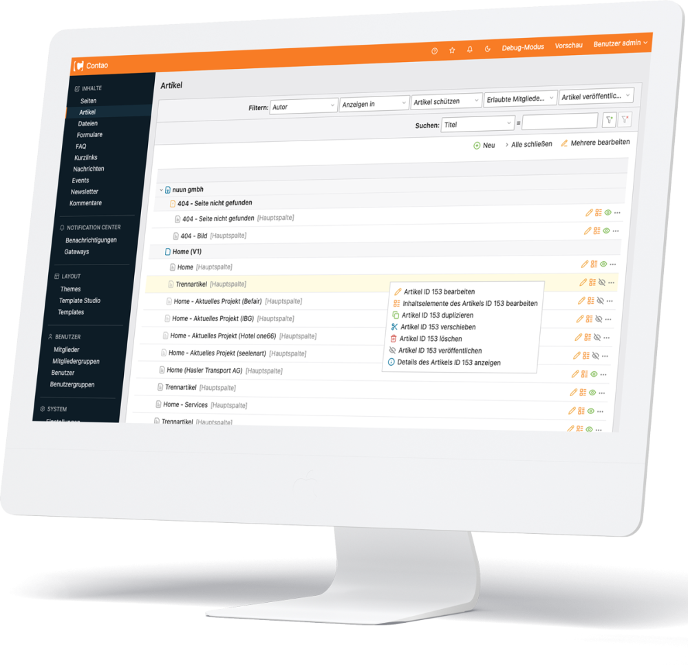Contao 5 Screenshot - mit noch aufgeräumterem Backend und Kontextmenu