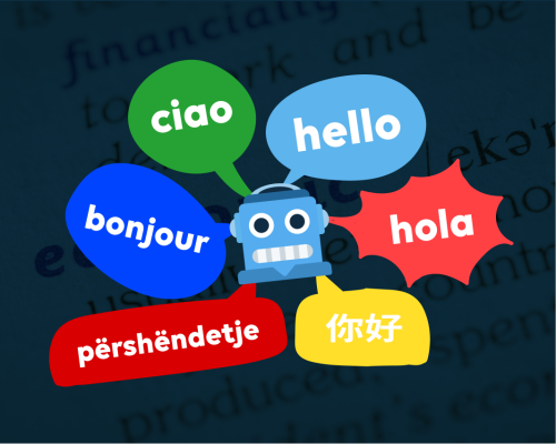 KI Roboter Comicfigur mit Sprechblasen die auf verschiedene Sprachen Hallo sagen