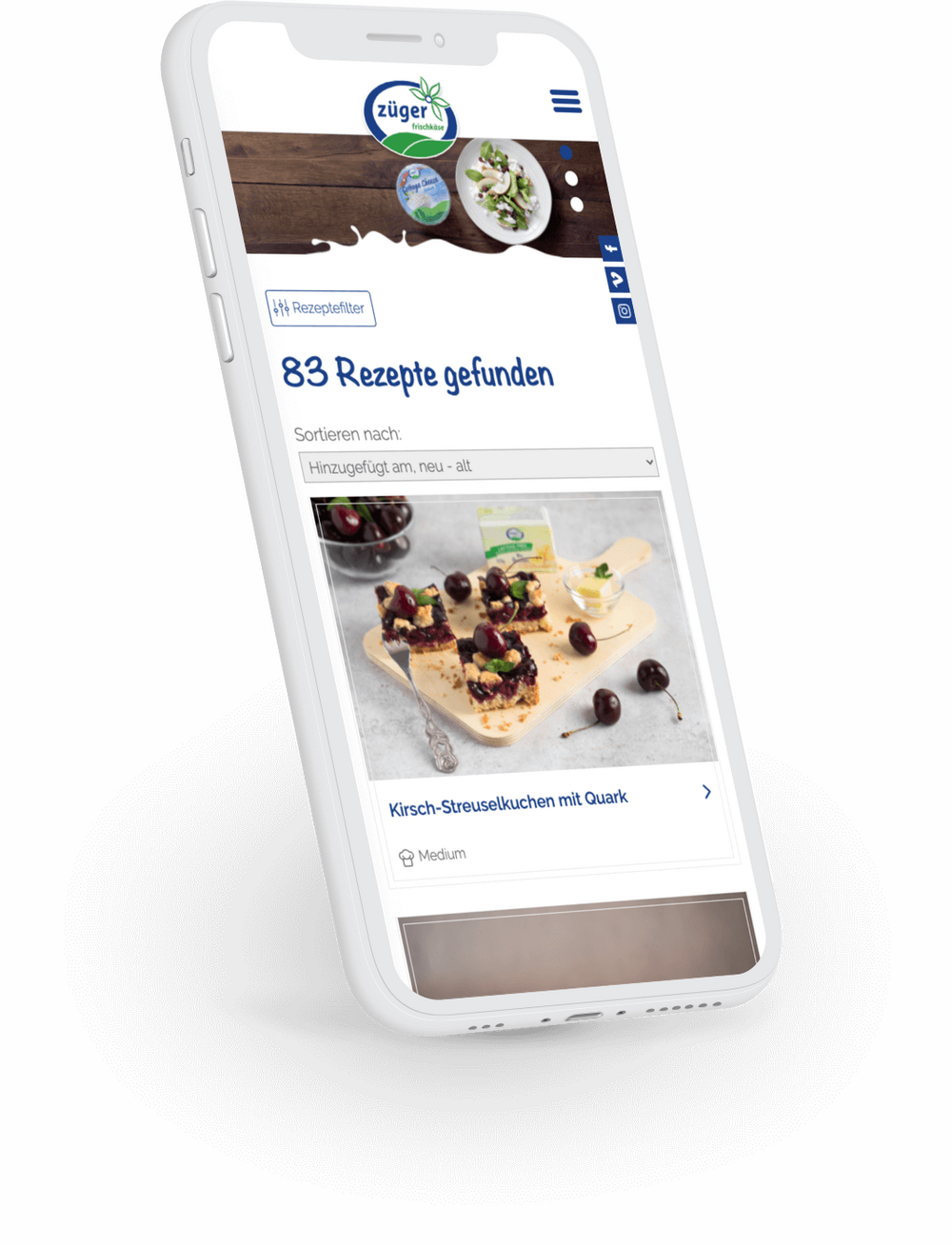 iPhone-Mockup der Rezeptsuche auf der Website von Züger Frischkäse – Webdesign-Projekt von nuun gmbh, Agentur für Webdesign und UI/UX