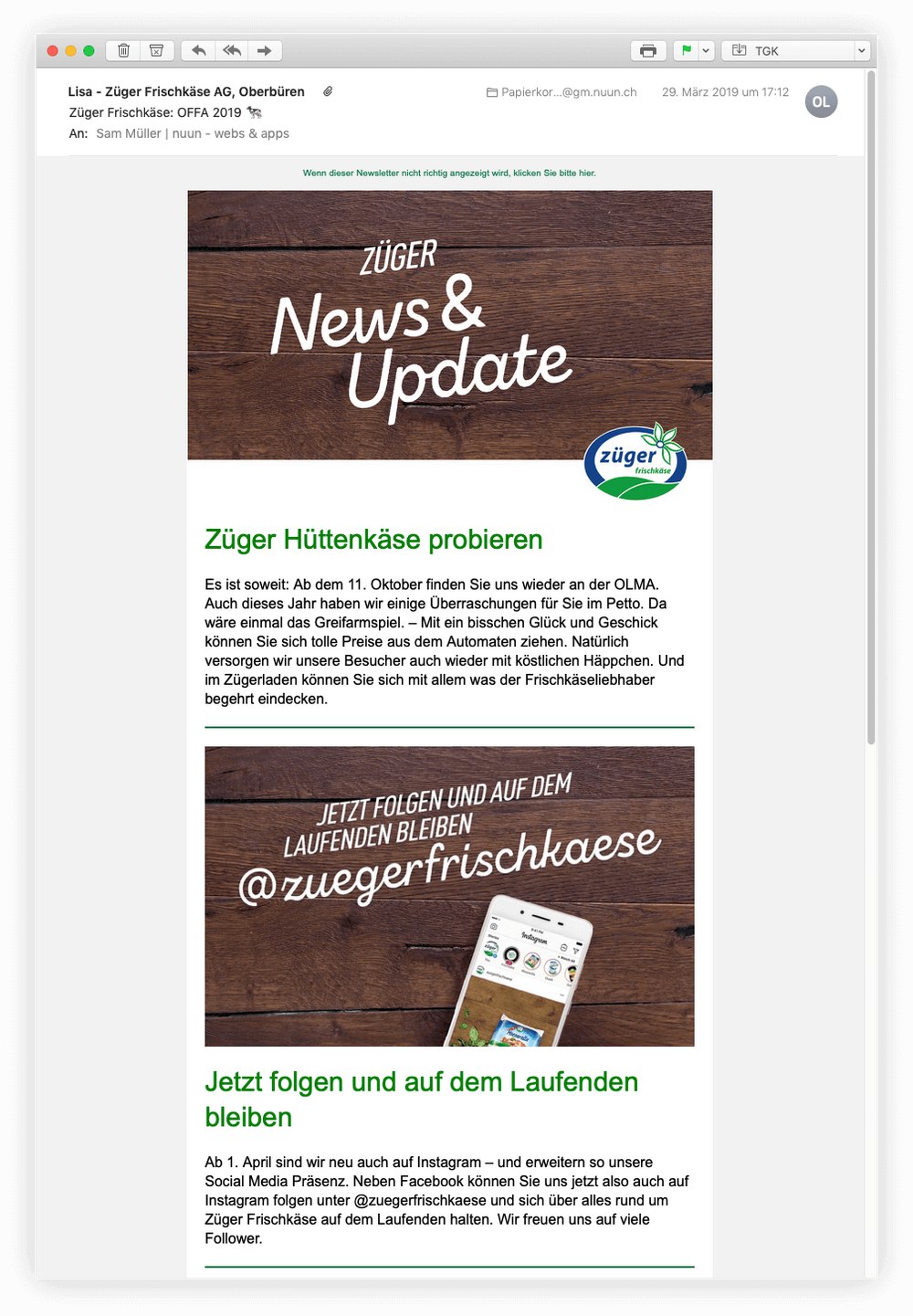 Screenshot des E-Mail-Newsletters von Züger Frischkäse mit News und Produktvorstellung – Webdesign-Projekt von nuun gmbh, Agentur für Webdesign und UI/UX