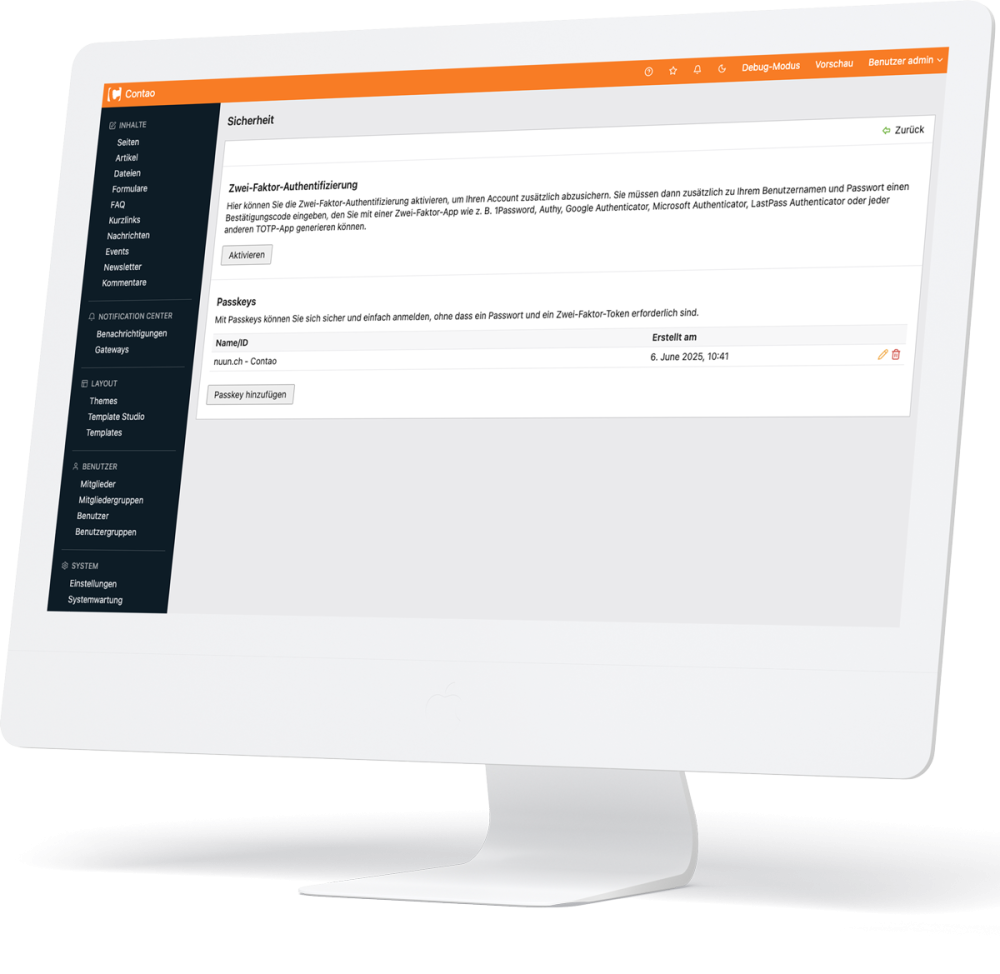Contao 5 Screenshot mit - Passkey Zwei-Faktor-Authentifizierung