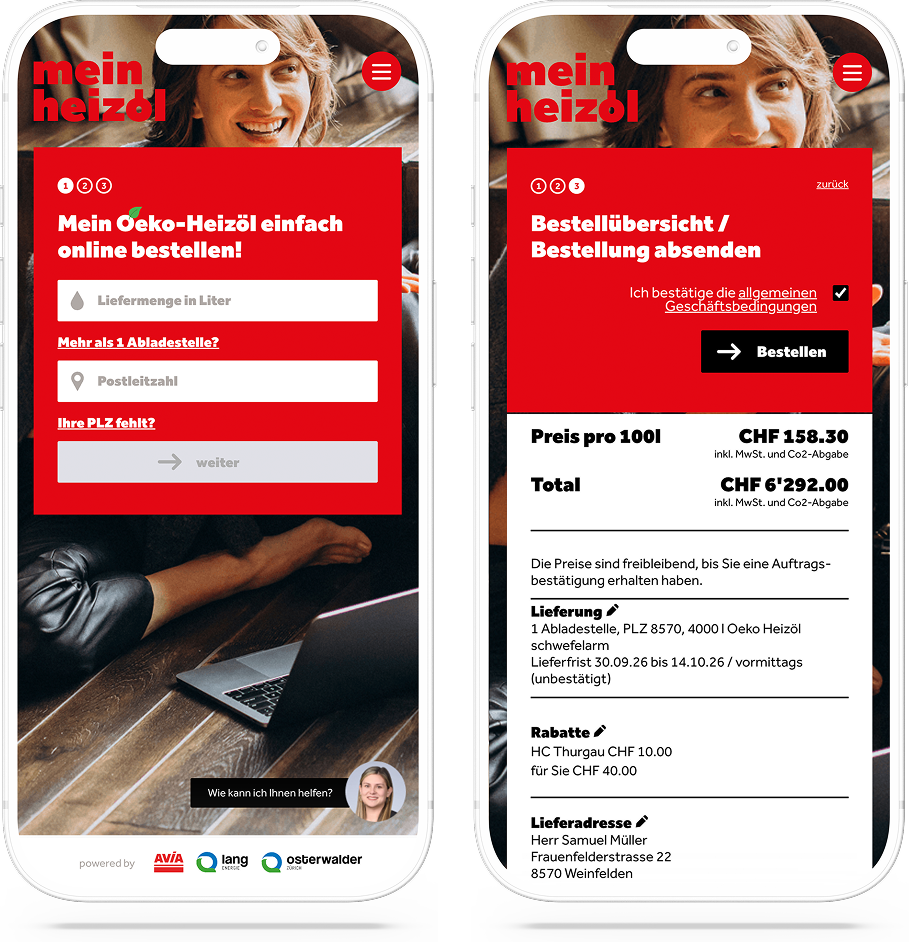 Mobile Ansicht von mein-heizoel.ch auf zwei Smartphones